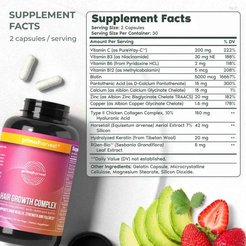 Primal Harvest Hair Growth Complex with Biotin Keratin and Niacin Supplement 60 Capsules - Image 7